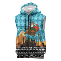 Afghanistan Christmas Sleeveless Zip Hoodie with Santa on Flying Carpet Mosque Camels and Desert Sunset Design - Wonder Print Shop