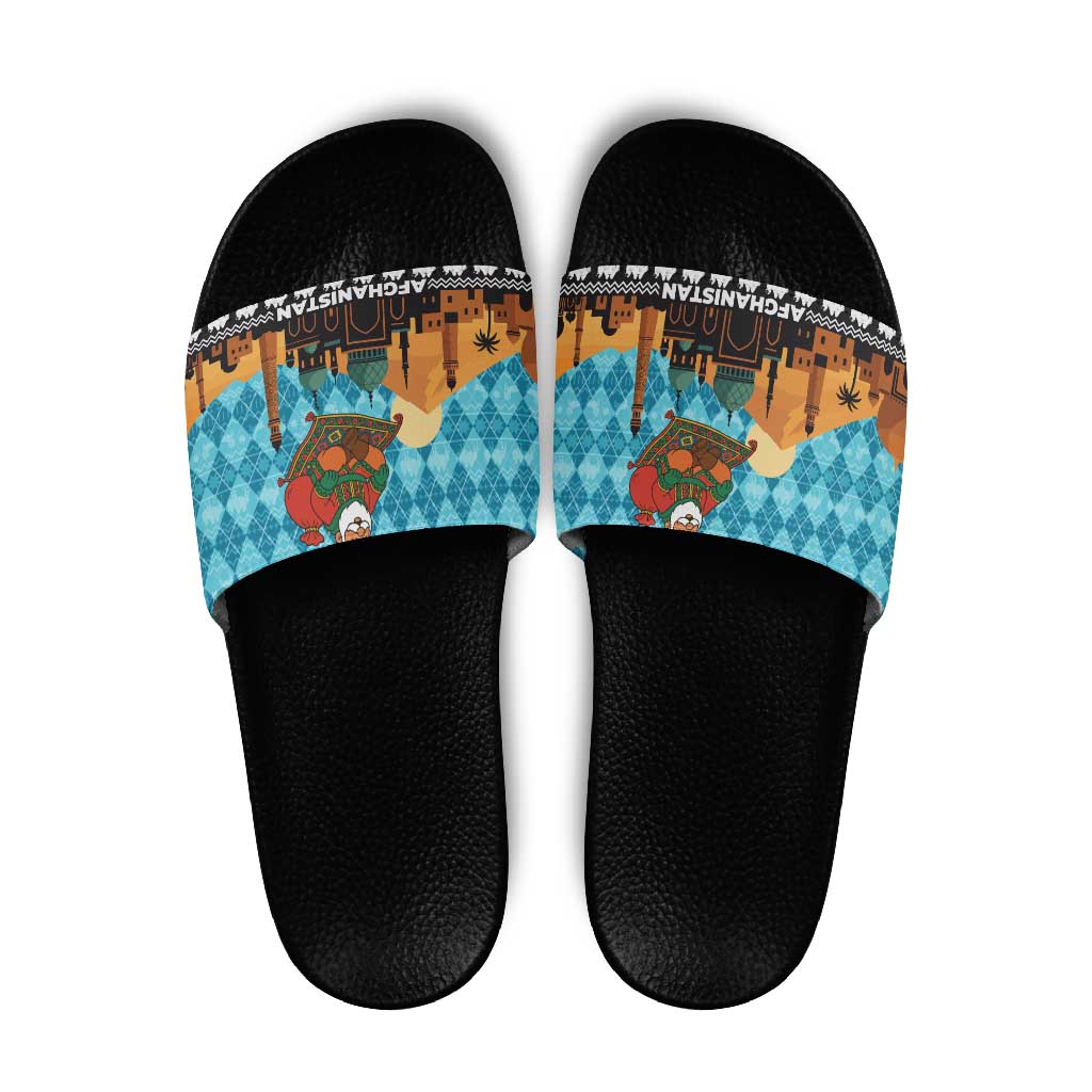 Afghanistan Christmas Slide Sandals with Santa on Flying Carpet Mosque Camels and Desert Sunset Design - Wonder Print Shop
