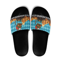 Afghanistan Christmas Slide Sandals with Santa on Flying Carpet Mosque Camels and Desert Sunset Design - Wonder Print Shop