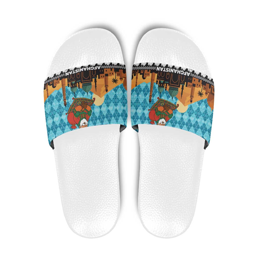 Afghanistan Christmas Slide Sandals with Santa on Flying Carpet Mosque Camels and Desert Sunset Design - Wonder Print Shop