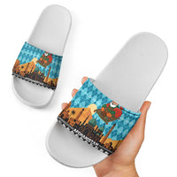 Afghanistan Christmas Slide Sandals with Santa on Flying Carpet Mosque Camels and Desert Sunset Design - Wonder Print Shop