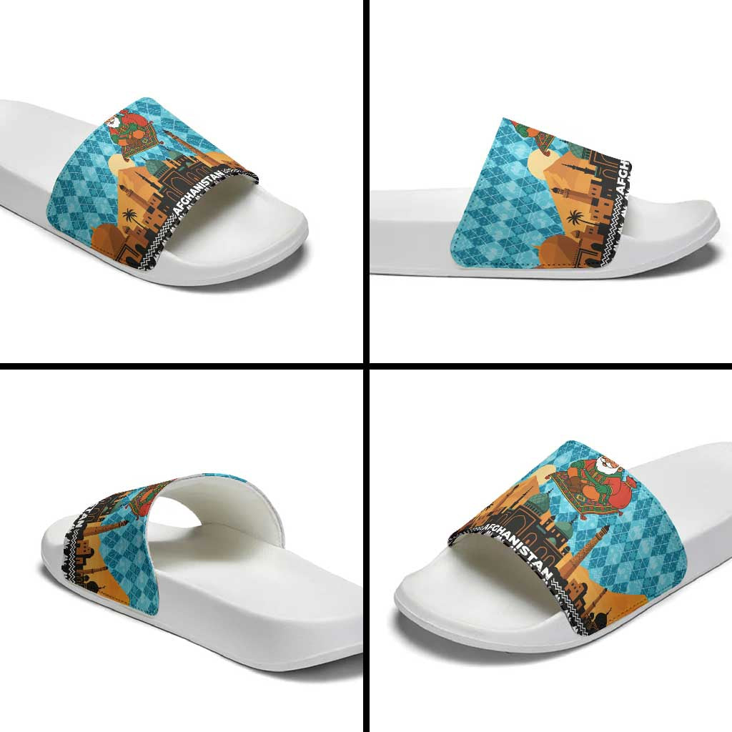 Afghanistan Christmas Slide Sandals with Santa on Flying Carpet Mosque Camels and Desert Sunset Design - Wonder Print Shop