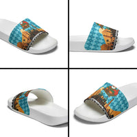 Afghanistan Christmas Slide Sandals with Santa on Flying Carpet Mosque Camels and Desert Sunset Design - Wonder Print Shop