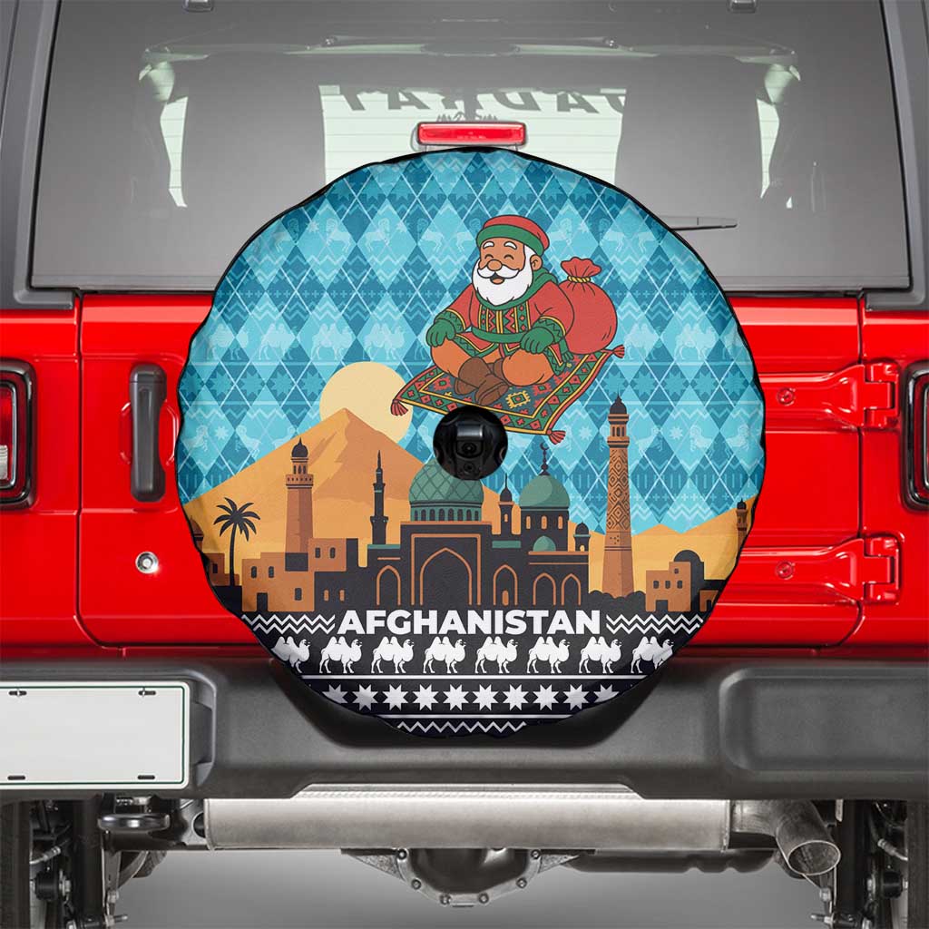 Afghanistan Christmas Spare Tire Cover with Santa on Flying Carpet Mosque Camels and Desert Sunset Design - Wonder Print Shop