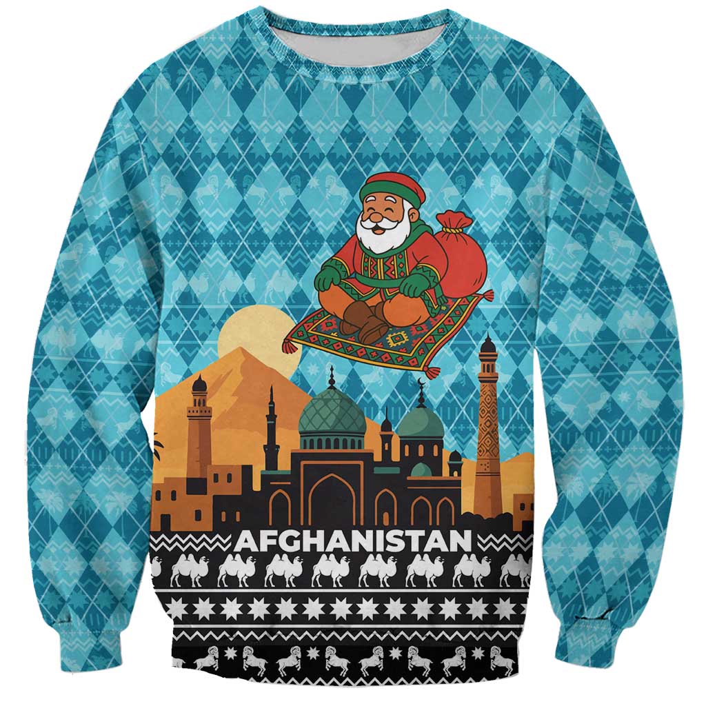 Afghanistan Christmas Sweatshirt with Santa on Flying Carpet Mosque Camels and Desert Sunset Design - Wonder Print Shop