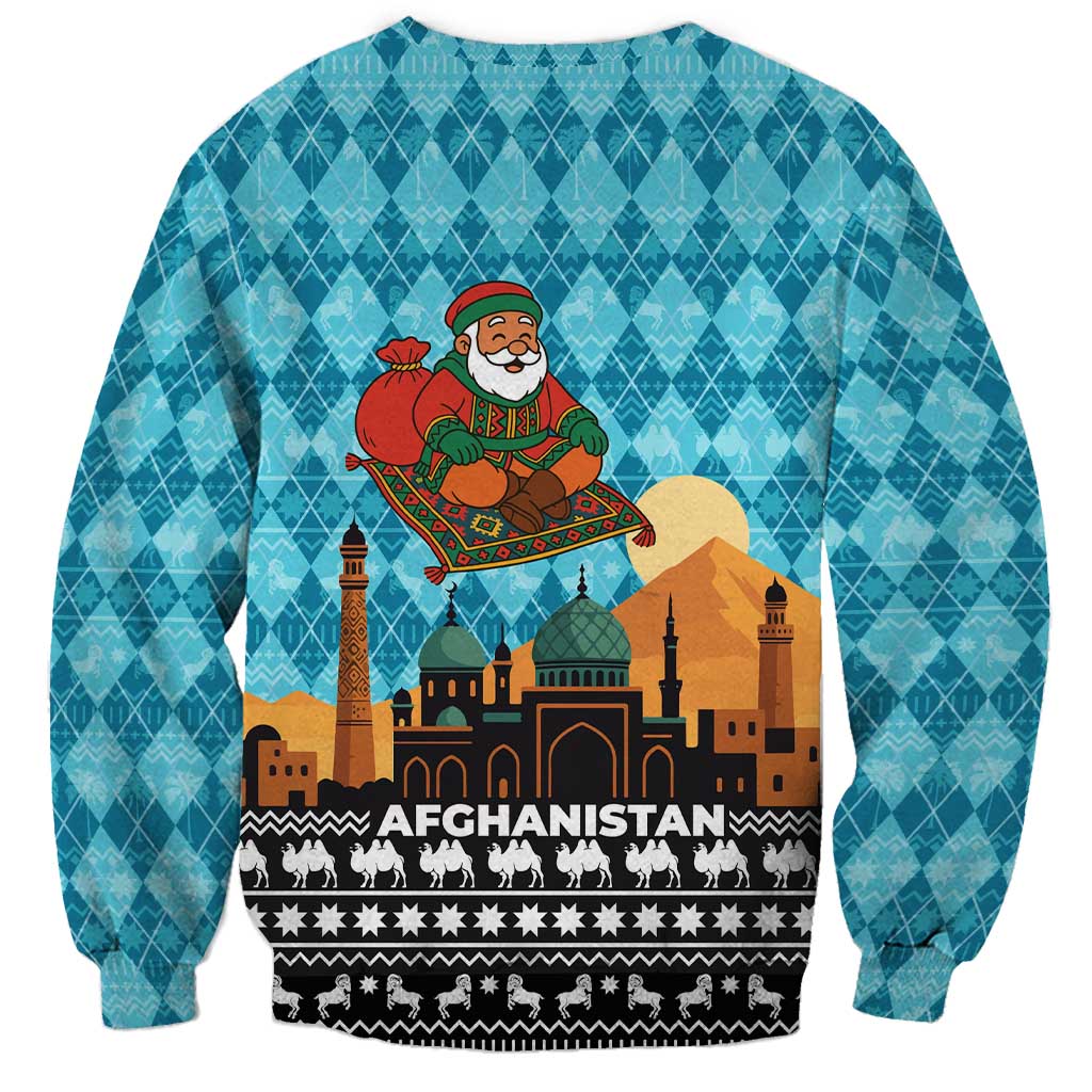 Afghanistan Christmas Sweatshirt with Santa on Flying Carpet Mosque Camels and Desert Sunset Design - Wonder Print Shop