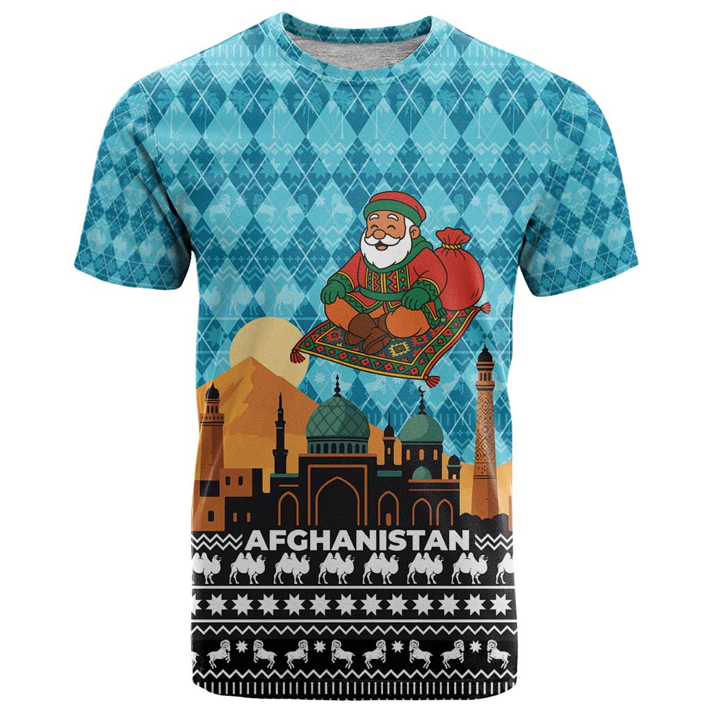 Afghanistan Christmas T Shirt with Santa on Flying Carpet Mosque Camels and Desert Sunset Design - Wonder Print Shop