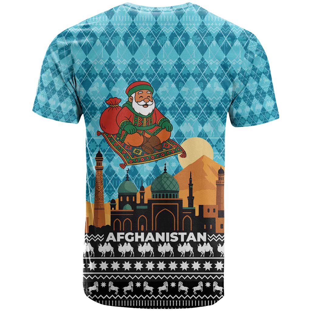 Afghanistan Christmas T Shirt with Santa on Flying Carpet Mosque Camels and Desert Sunset Design - Wonder Print Shop