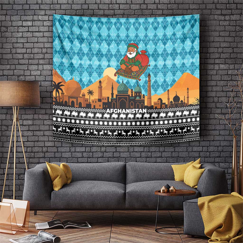 Afghanistan Christmas Tapestry with Santa on Flying Carpet Mosque Camels and Desert Sunset Design - Wonder Print Shop