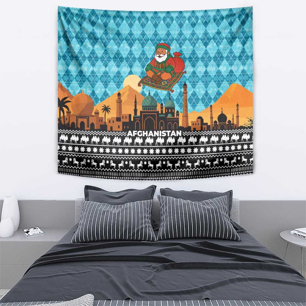 Afghanistan Christmas Tapestry with Santa on Flying Carpet Mosque Camels and Desert Sunset Design - Wonder Print Shop