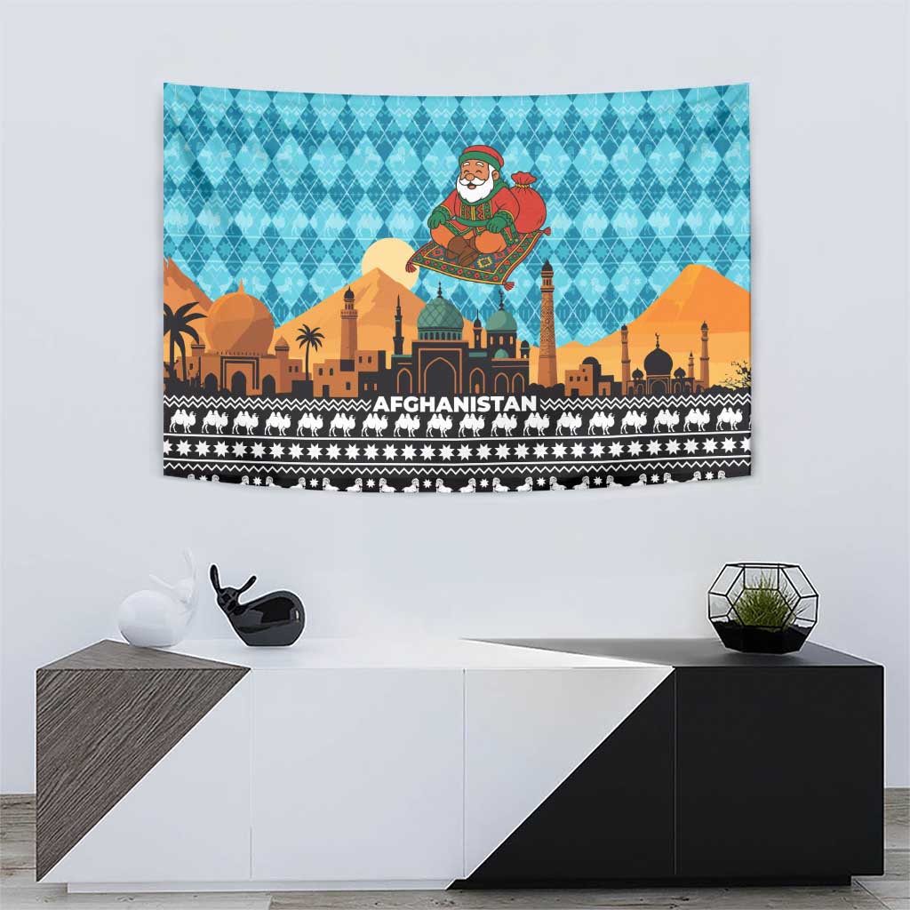 Afghanistan Christmas Tapestry with Santa on Flying Carpet Mosque Camels and Desert Sunset Design - Wonder Print Shop