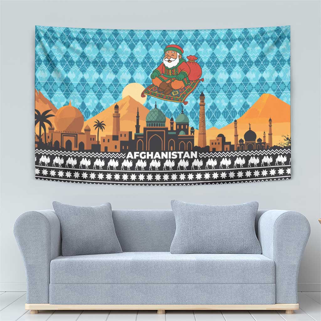 Afghanistan Christmas Tapestry with Santa on Flying Carpet Mosque Camels and Desert Sunset Design - Wonder Print Shop