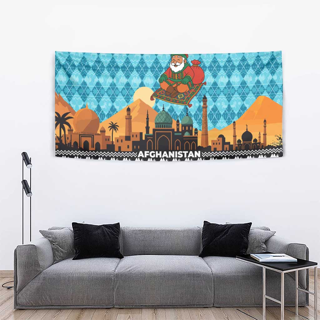 Afghanistan Christmas Tapestry with Santa on Flying Carpet Mosque Camels and Desert Sunset Design - Wonder Print Shop