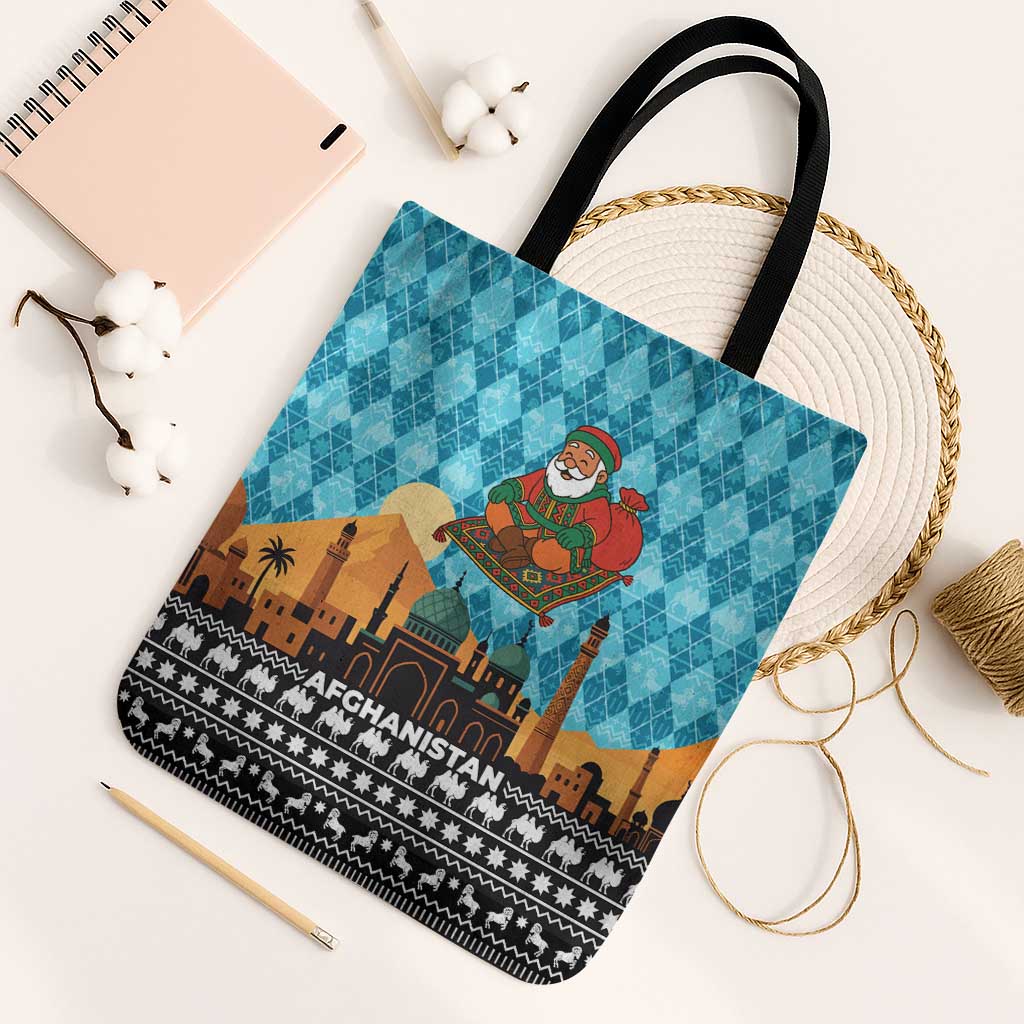 Afghanistan Christmas Tote Bag with Santa on Flying Carpet Mosque Camels and Desert Sunset Design - Wonder Print Shop