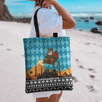 Afghanistan Christmas Tote Bag with Santa on Flying Carpet Mosque Camels and Desert Sunset Design - Wonder Print Shop