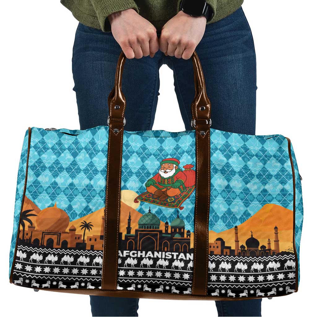 Afghanistan Christmas Travel Bag with Santa on Flying Carpet Mosque Camels and Desert Sunset Design - Wonder Print Shop