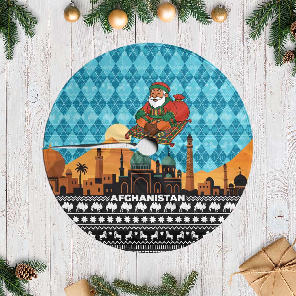 Afghanistan Christmas Tree Skirt with Santa on Flying Carpet Mosque Camels and Desert Sunset Design - Wonder Print Shop