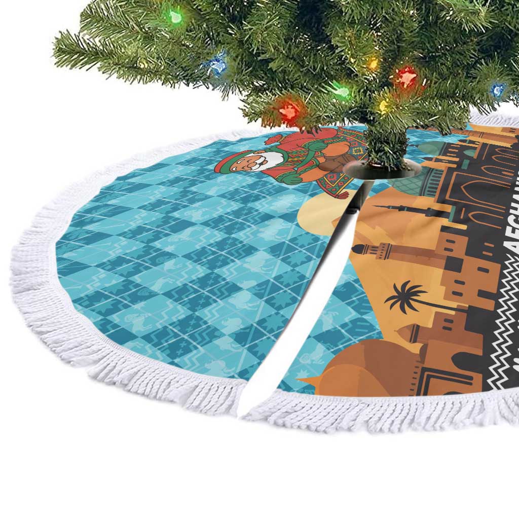 Afghanistan Christmas Tree Skirt with Santa on Flying Carpet Mosque Camels and Desert Sunset Design - Wonder Print Shop
