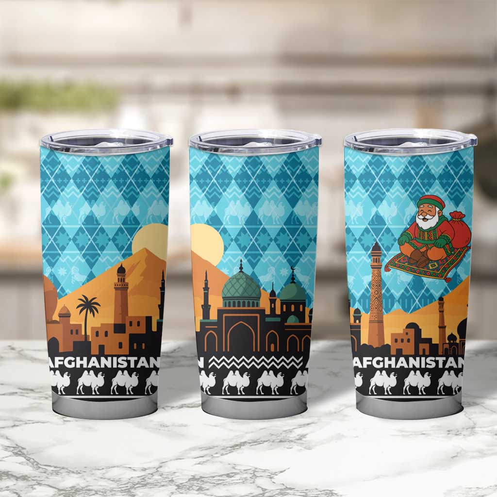 Afghanistan Christmas Tumbler Cup with Santa on Flying Carpet Mosque Camels and Desert Sunset Design - Wonder Print Shop