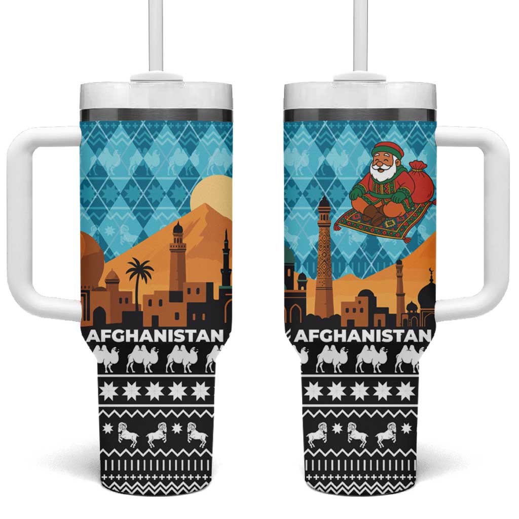 Afghanistan Christmas Tumbler With Handle with Santa on Flying Carpet Mosque Camels and Desert Sunset Design - Wonder Print Shop