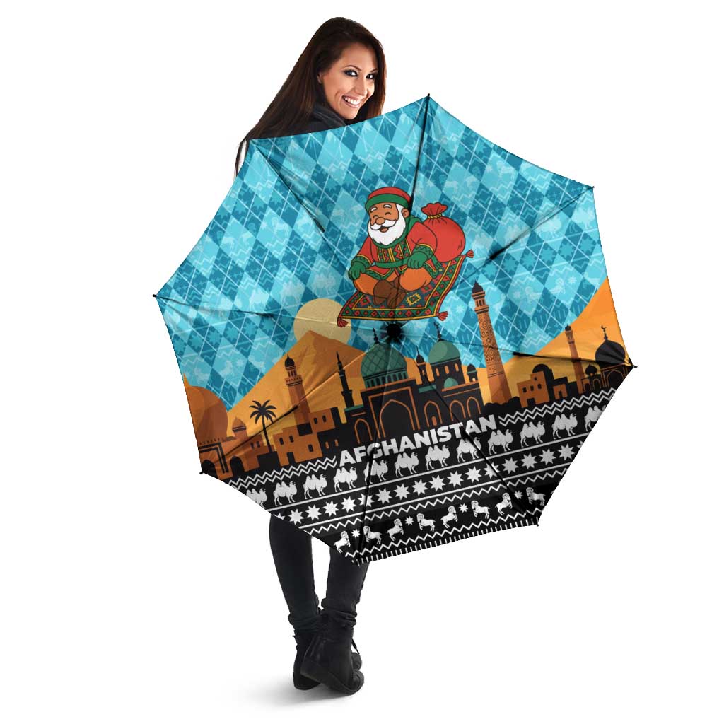 Afghanistan Christmas Umbrella with Santa on Flying Carpet Mosque Camels and Desert Sunset Design - Wonder Print Shop