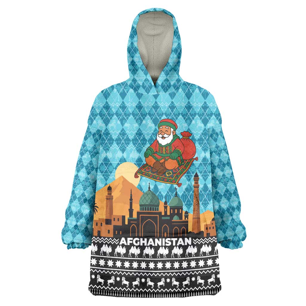 Afghanistan Christmas Wearable Blanket Hoodie with Santa on Flying Carpet Mosque Camels and Desert Sunset Design - Wonder Print Shop