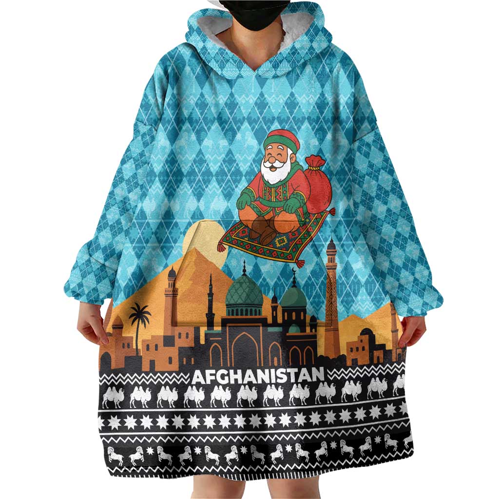 Afghanistan Christmas Wearable Blanket Hoodie with Santa on Flying Carpet Mosque Camels and Desert Sunset Design - Wonder Print Shop