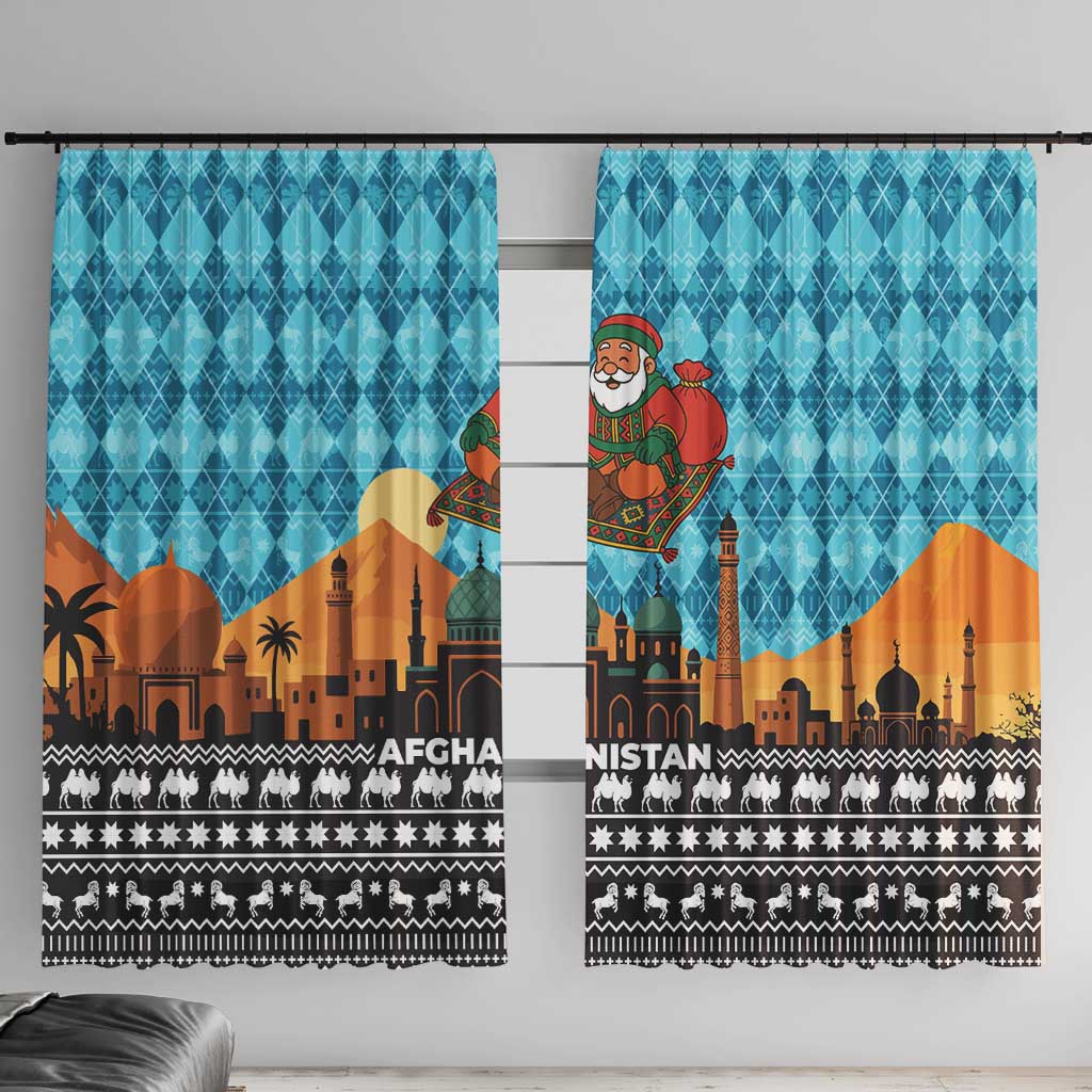 Afghanistan Christmas Window Curtain with Santa on Flying Carpet Mosque Camels and Desert Sunset Design - Wonder Print Shop