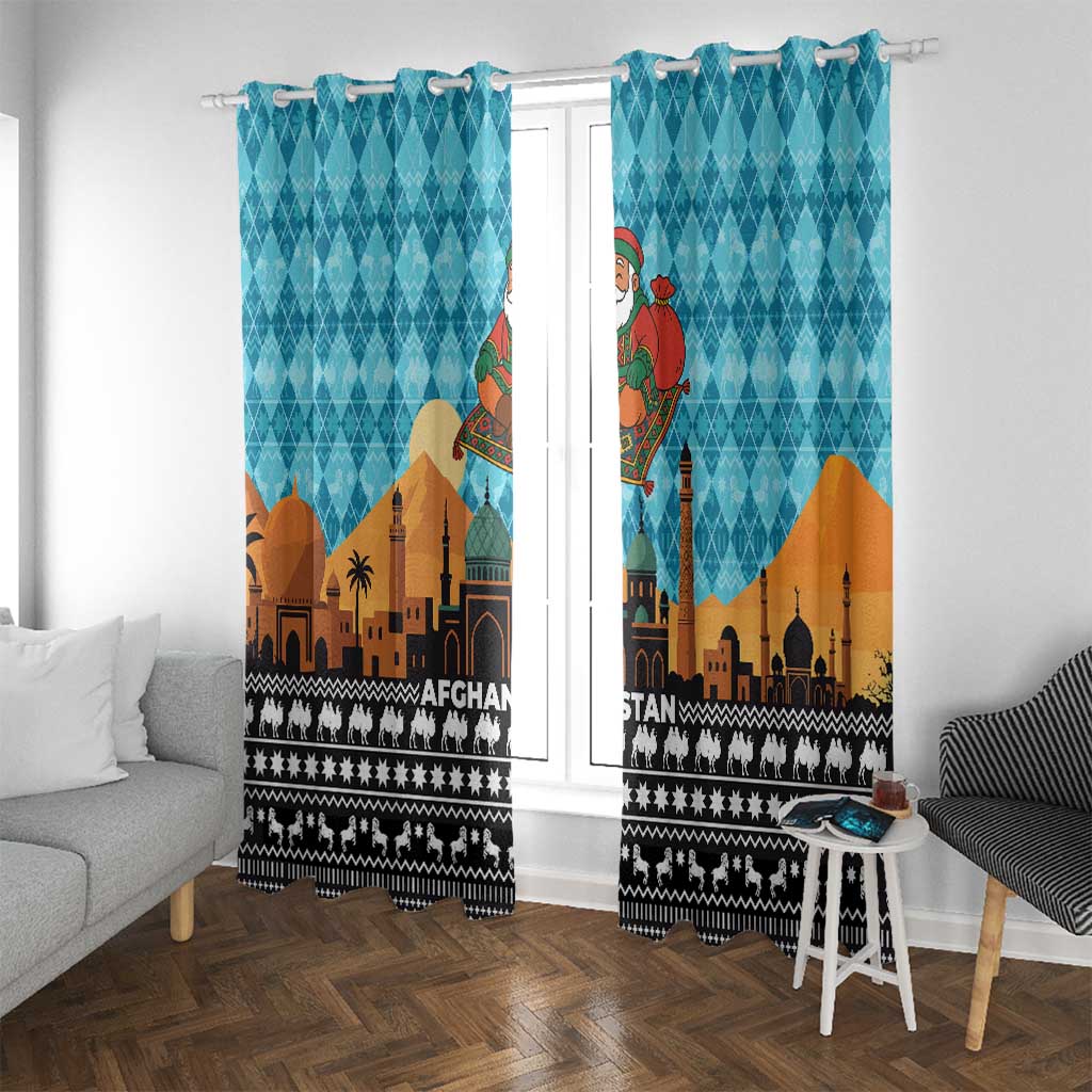 Afghanistan Christmas Window Curtain with Santa on Flying Carpet Mosque Camels and Desert Sunset Design - Wonder Print Shop