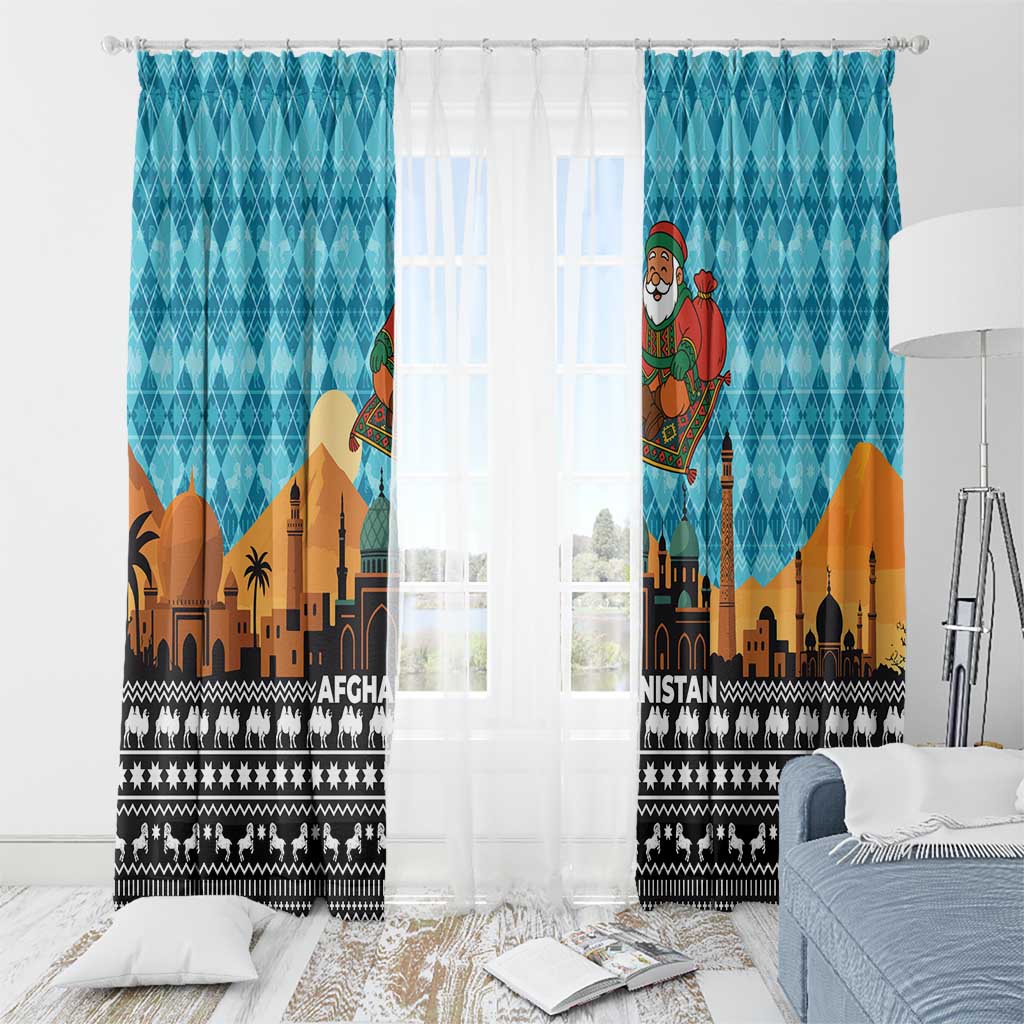 Afghanistan Christmas Window Curtain with Santa on Flying Carpet Mosque Camels and Desert Sunset Design - Wonder Print Shop