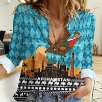 Afghanistan Christmas Women Casual Shirt with Santa on Flying Carpet Mosque Camels and Desert Sunset Design - Wonder Print Shop