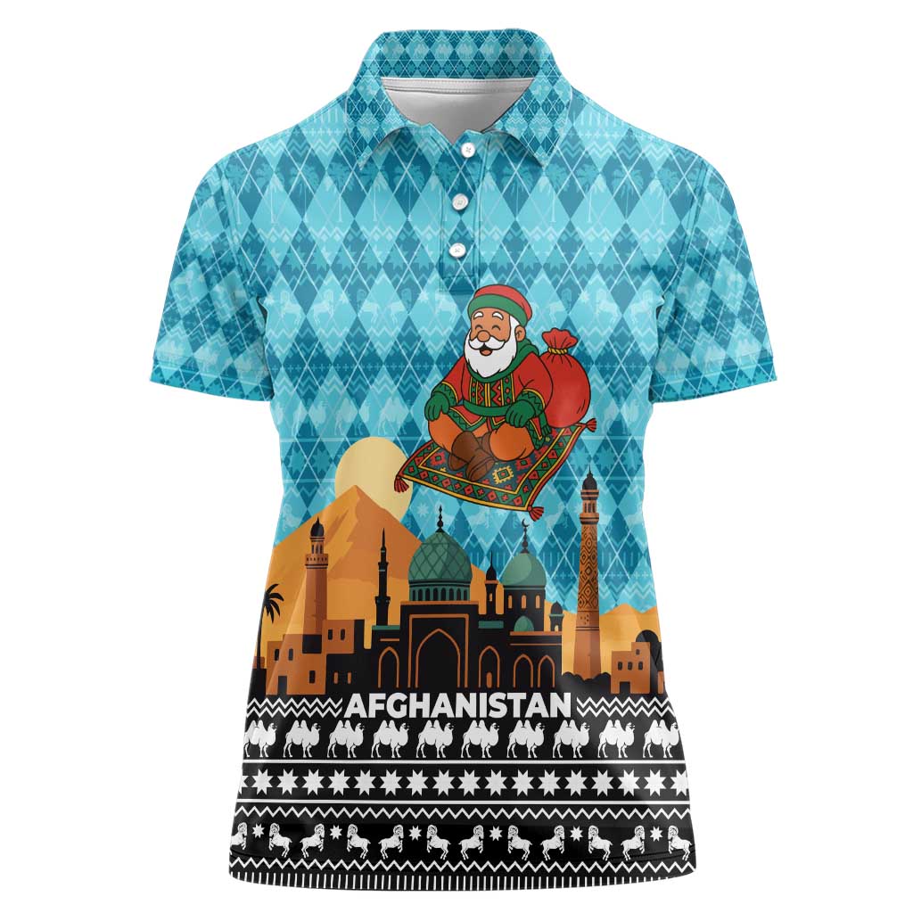 Afghanistan Christmas Women Polo Shirt with Santa on Flying Carpet Mosque Camels and Desert Sunset Design - Wonder Print Shop