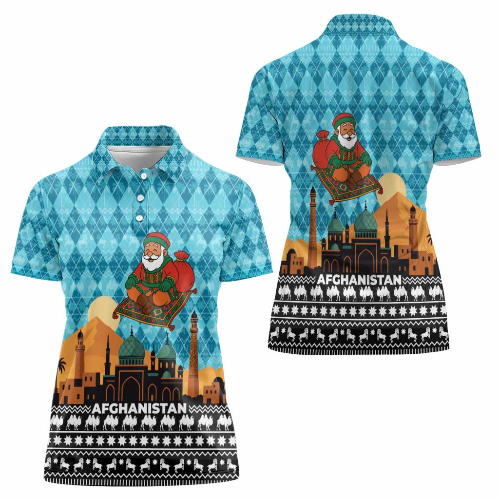Afghanistan Christmas Women Polo Shirt with Santa on Flying Carpet Mosque Camels and Desert Sunset Design - Wonder Print Shop