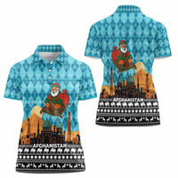 Afghanistan Christmas Women Polo Shirt with Santa on Flying Carpet Mosque Camels and Desert Sunset Design - Wonder Print Shop