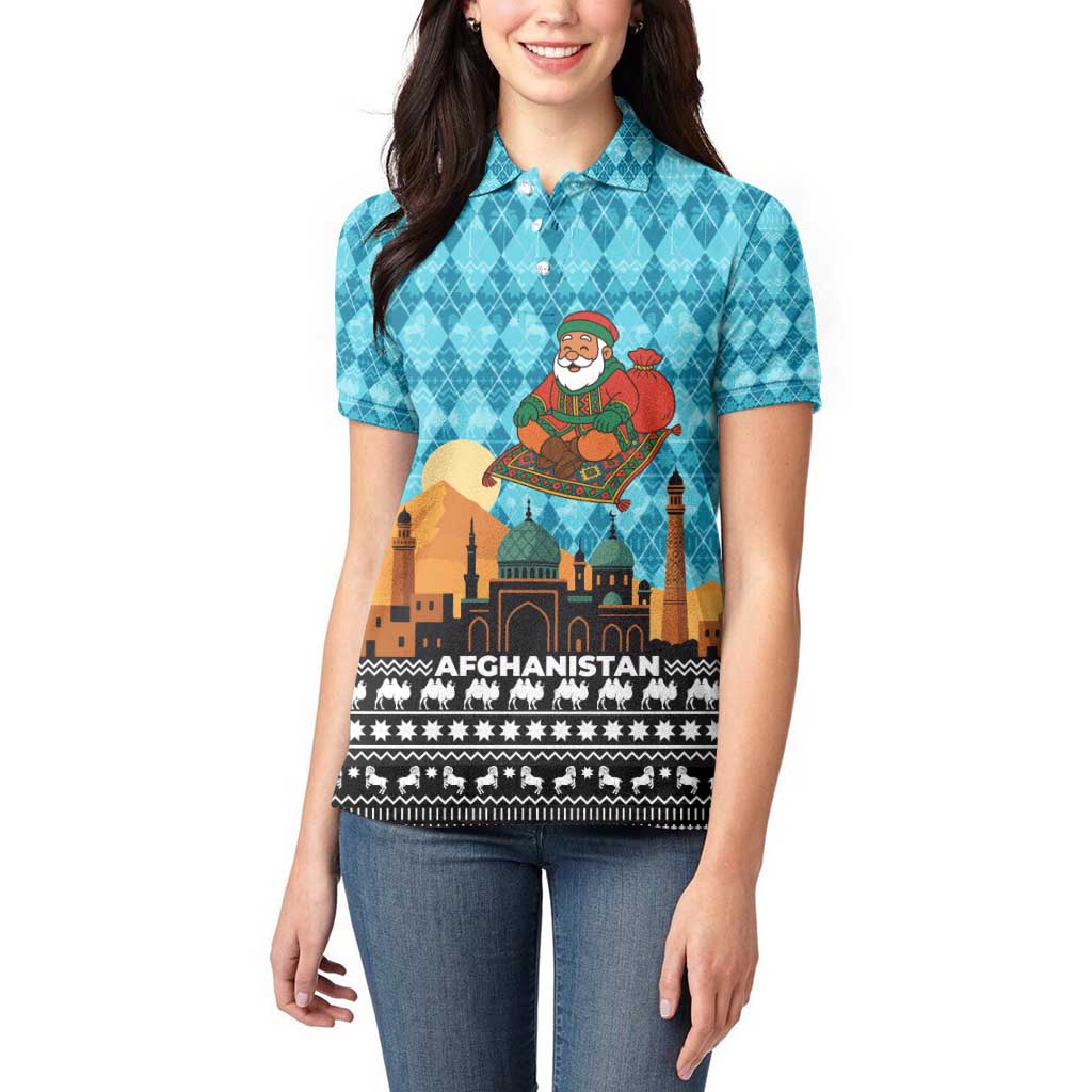 Afghanistan Christmas Women Polo Shirt with Santa on Flying Carpet Mosque Camels and Desert Sunset Design - Wonder Print Shop