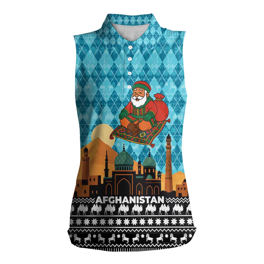 Afghanistan Christmas Women Sleeveless Polo Shirt with Santa on Flying Carpet Mosque Camels and Desert Sunset Design - Wonder Print Shop