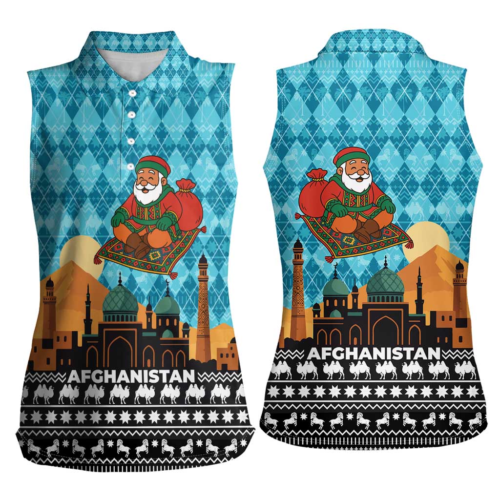 Afghanistan Christmas Women Sleeveless Polo Shirt with Santa on Flying Carpet Mosque Camels and Desert Sunset Design - Wonder Print Shop