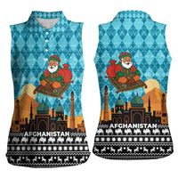 Afghanistan Christmas Women Sleeveless Polo Shirt with Santa on Flying Carpet Mosque Camels and Desert Sunset Design - Wonder Print Shop