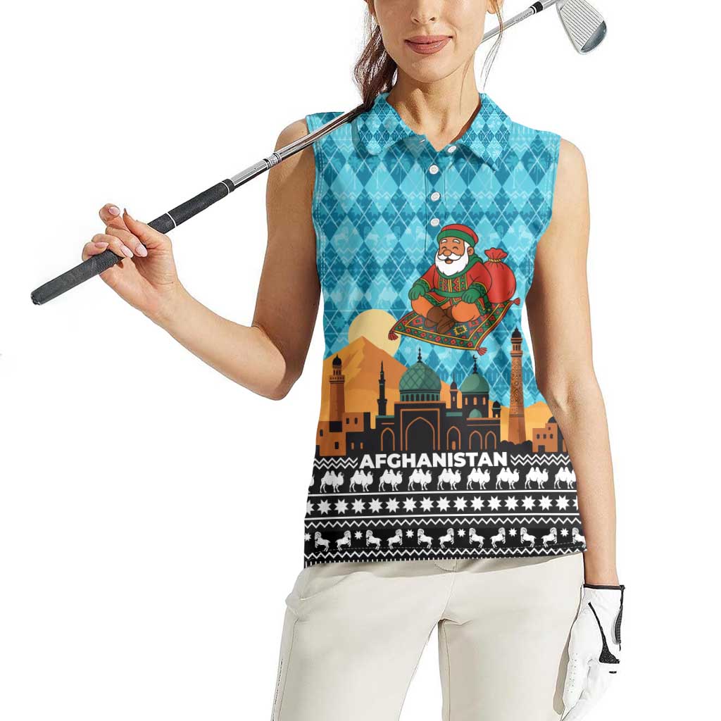 Afghanistan Christmas Women Sleeveless Polo Shirt with Santa on Flying Carpet Mosque Camels and Desert Sunset Design - Wonder Print Shop
