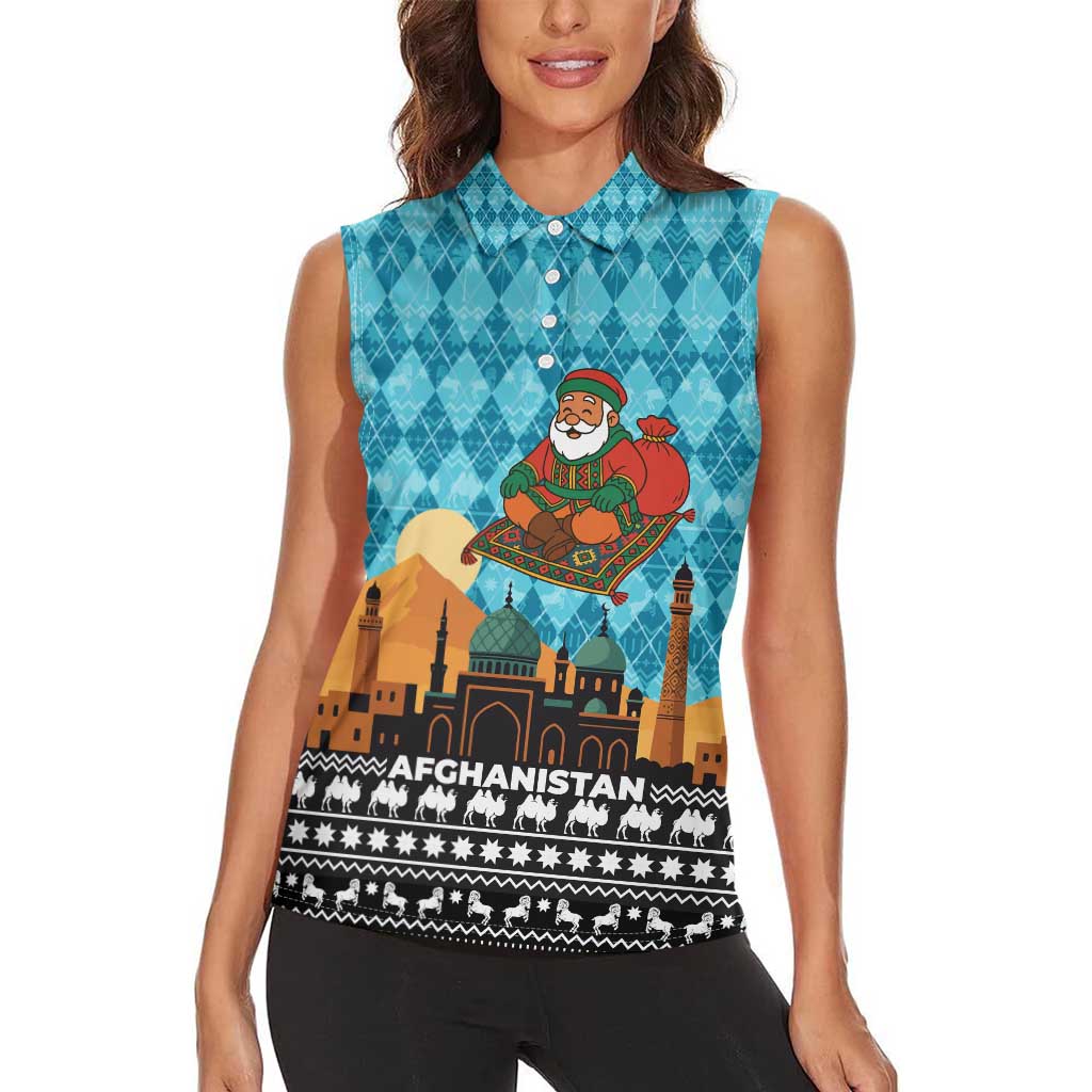 Afghanistan Christmas Women Sleeveless Polo Shirt with Santa on Flying Carpet Mosque Camels and Desert Sunset Design - Wonder Print Shop