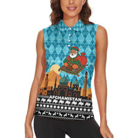 Afghanistan Christmas Women Sleeveless Polo Shirt with Santa on Flying Carpet Mosque Camels and Desert Sunset Design - Wonder Print Shop