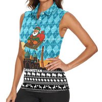 Afghanistan Christmas Women Sleeveless Polo Shirt with Santa on Flying Carpet Mosque Camels and Desert Sunset Design - Wonder Print Shop