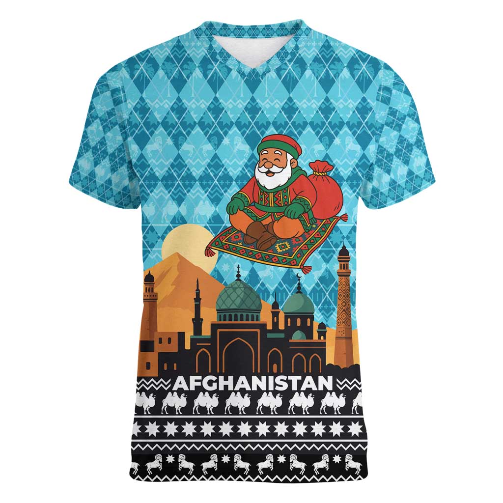 Afghanistan Christmas Women V-Neck T-Shirt with Santa on Flying Carpet Mosque Camels and Desert Sunset Design - Wonder Print Shop