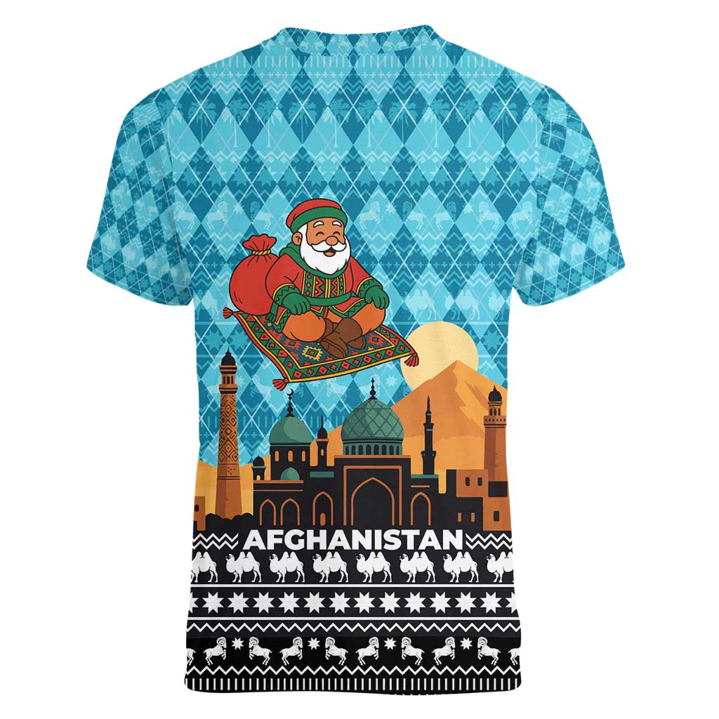 Afghanistan Christmas Women V-Neck T-Shirt with Santa on Flying Carpet Mosque Camels and Desert Sunset Design - Wonder Print Shop