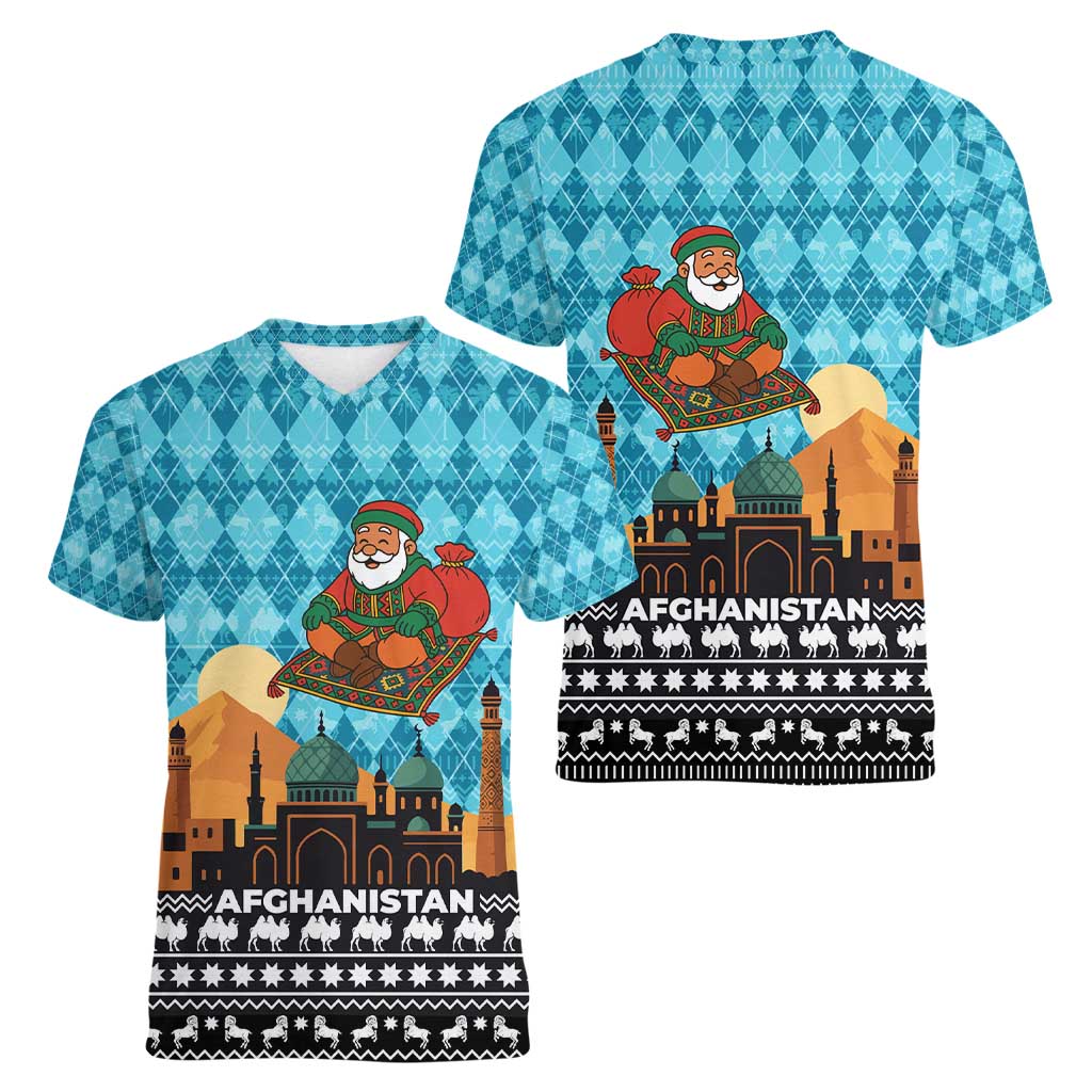 Afghanistan Christmas Women V-Neck T-Shirt with Santa on Flying Carpet Mosque Camels and Desert Sunset Design - Wonder Print Shop