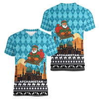 Afghanistan Christmas Women V-Neck T-Shirt with Santa on Flying Carpet Mosque Camels and Desert Sunset Design - Wonder Print Shop