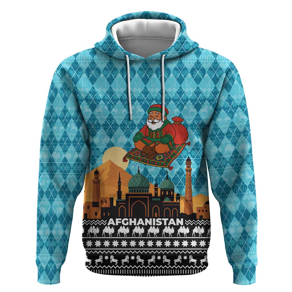 Afghanistan Christmas Zip Hoodie with Santa on Flying Carpet Mosque Camels and Desert Sunset Design - Wonder Print Shop