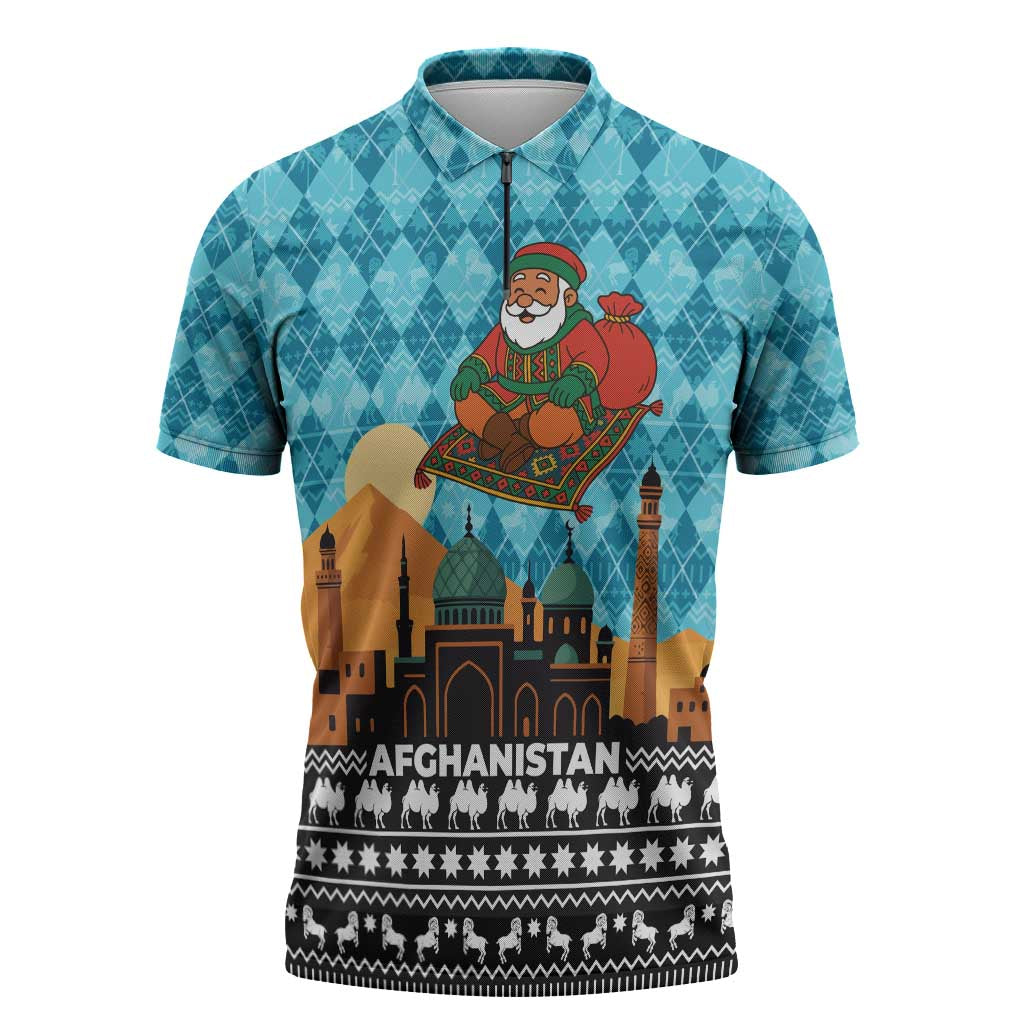 Afghanistan Christmas Zipper Polo Shirt with Santa on Flying Carpet Mosque Camels and Desert Sunset Design - Wonder Print Shop