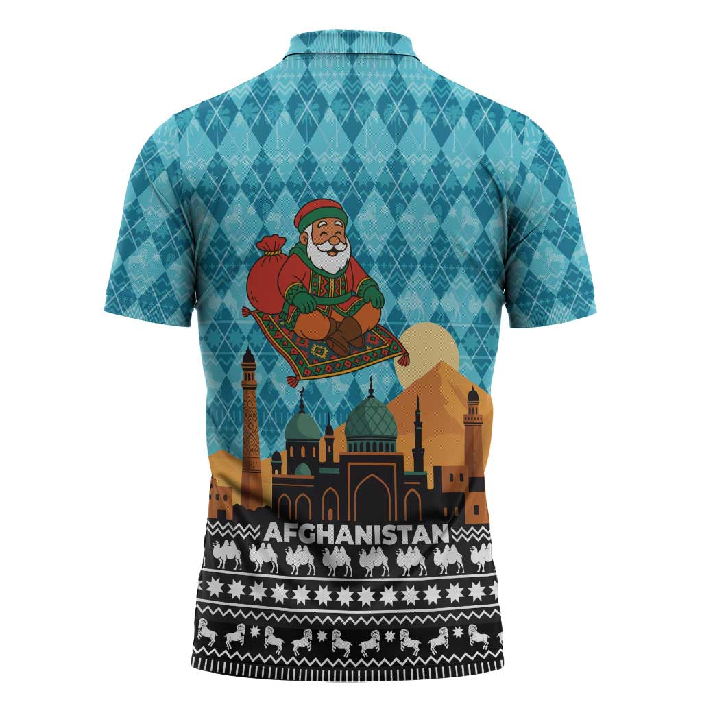 Afghanistan Christmas Zipper Polo Shirt with Santa on Flying Carpet Mosque Camels and Desert Sunset Design - Wonder Print Shop