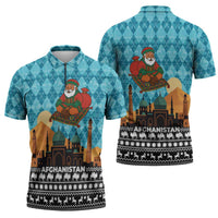 Afghanistan Christmas Zipper Polo Shirt with Santa on Flying Carpet Mosque Camels and Desert Sunset Design - Wonder Print Shop